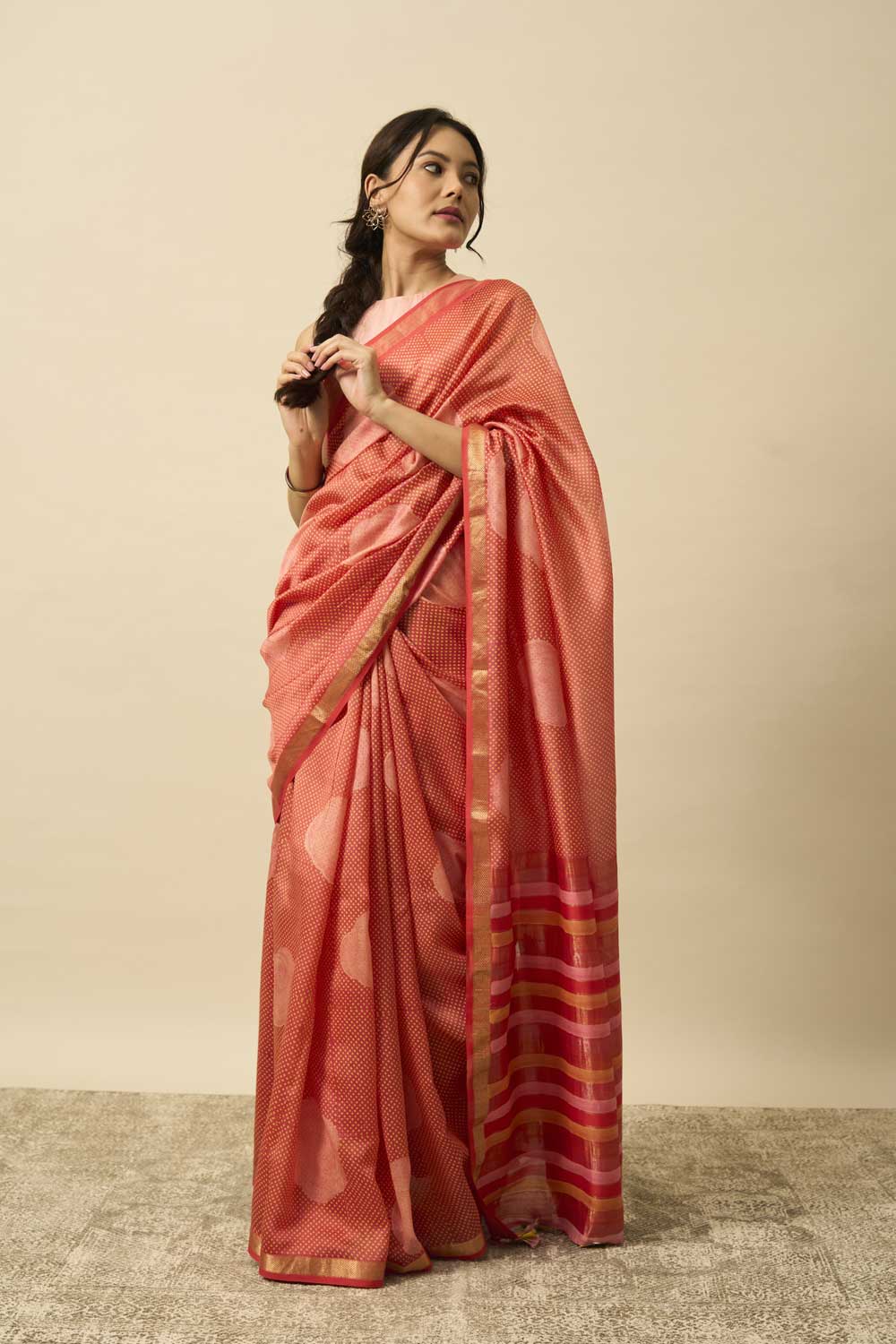 Gulab Red Maheshwari Silk Hand Block Printed Saree