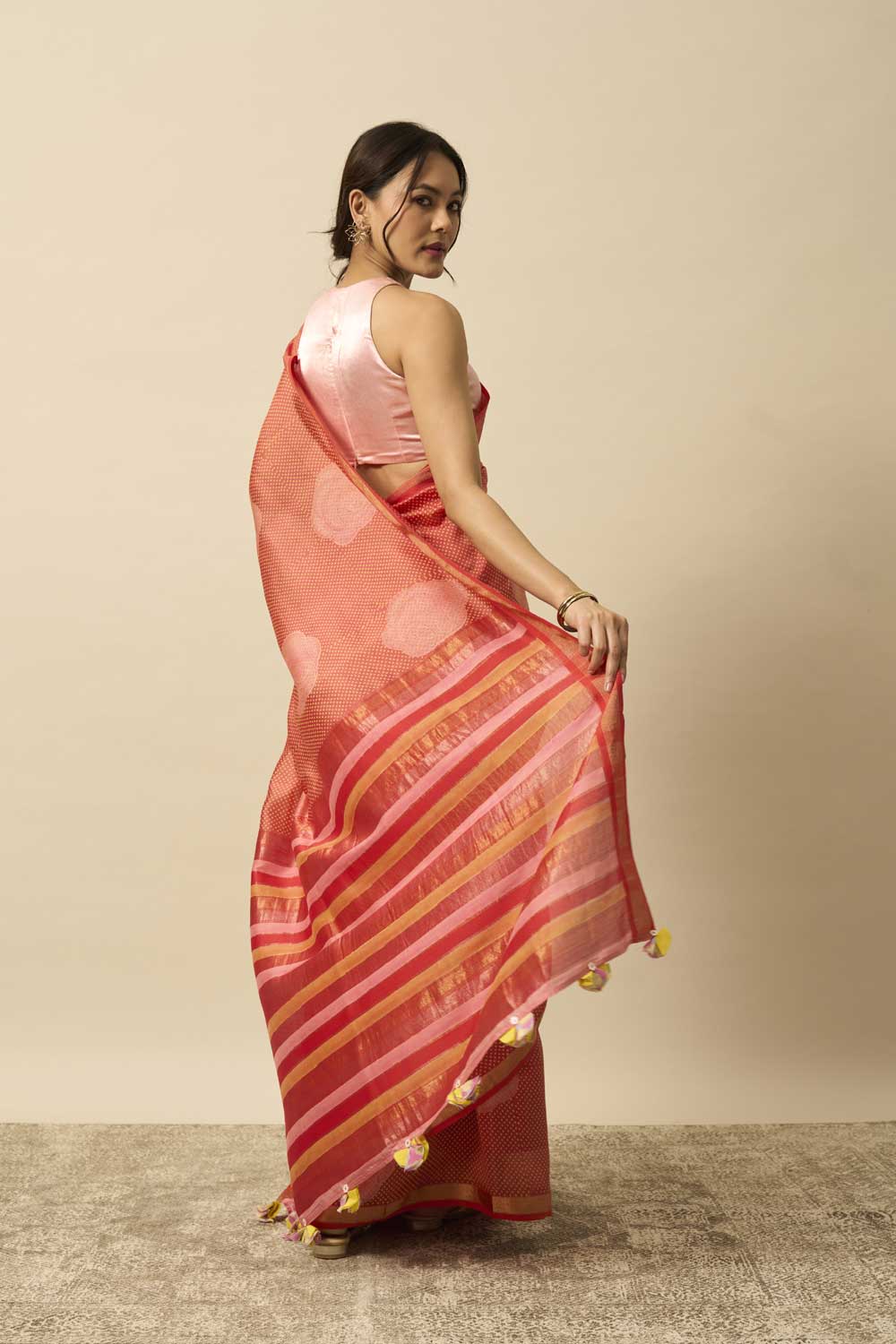 Gulab Red Maheshwari Silk Hand Block Printed Saree