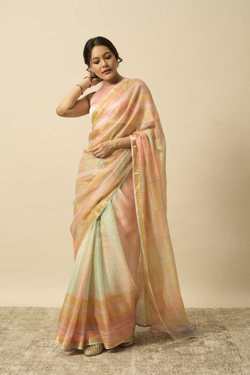 pencil leheriya kota silk hand block printed saree