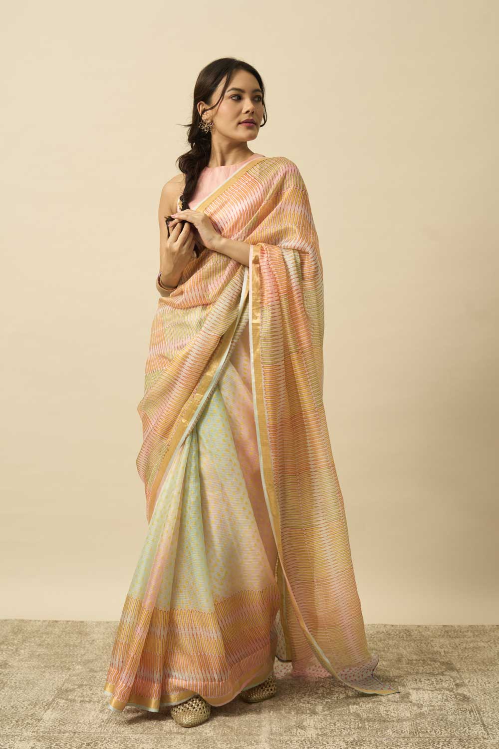 pencil leheriya kota silk hand block printed saree