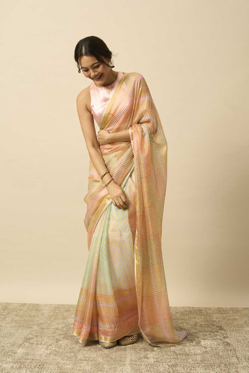 pencil leheriya kota silk hand block printed saree