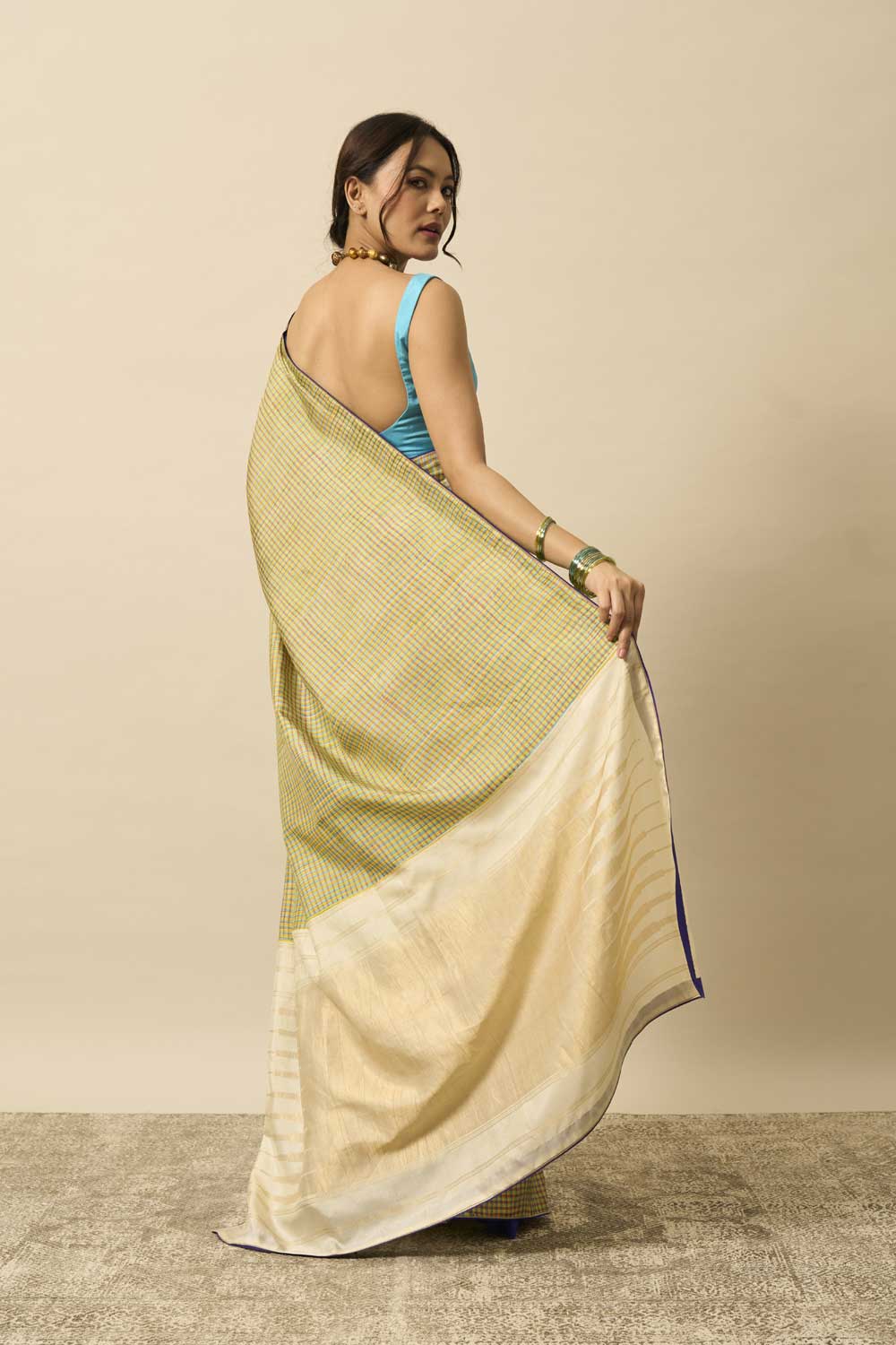 Tulsi White Kanchi Silk Hand Blockprinted Saree