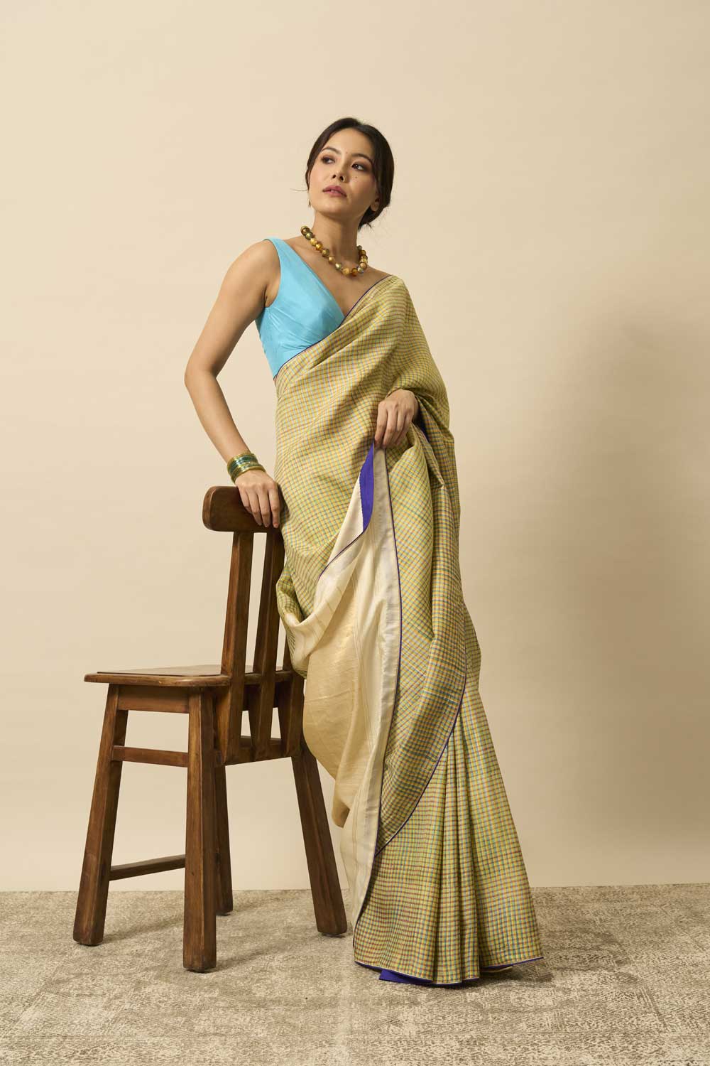 Tulsi White Kanchi Silk Hand Blockprinted Saree