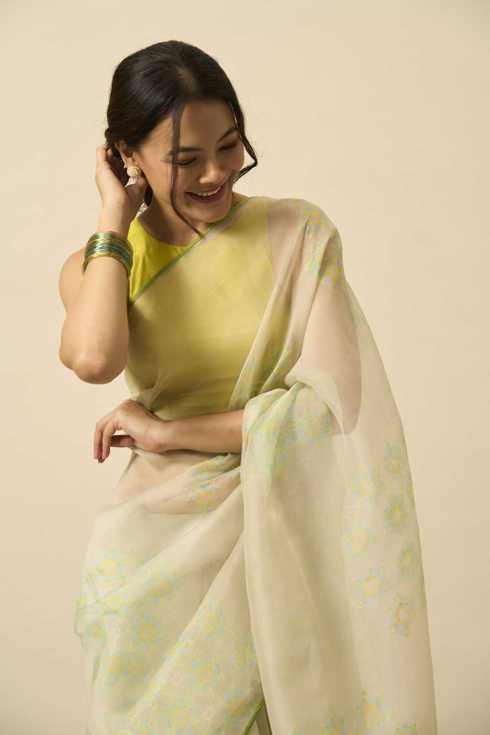 NAZUK WHITE KATAAN SILK HAND BLOCKPRINTED SAREE