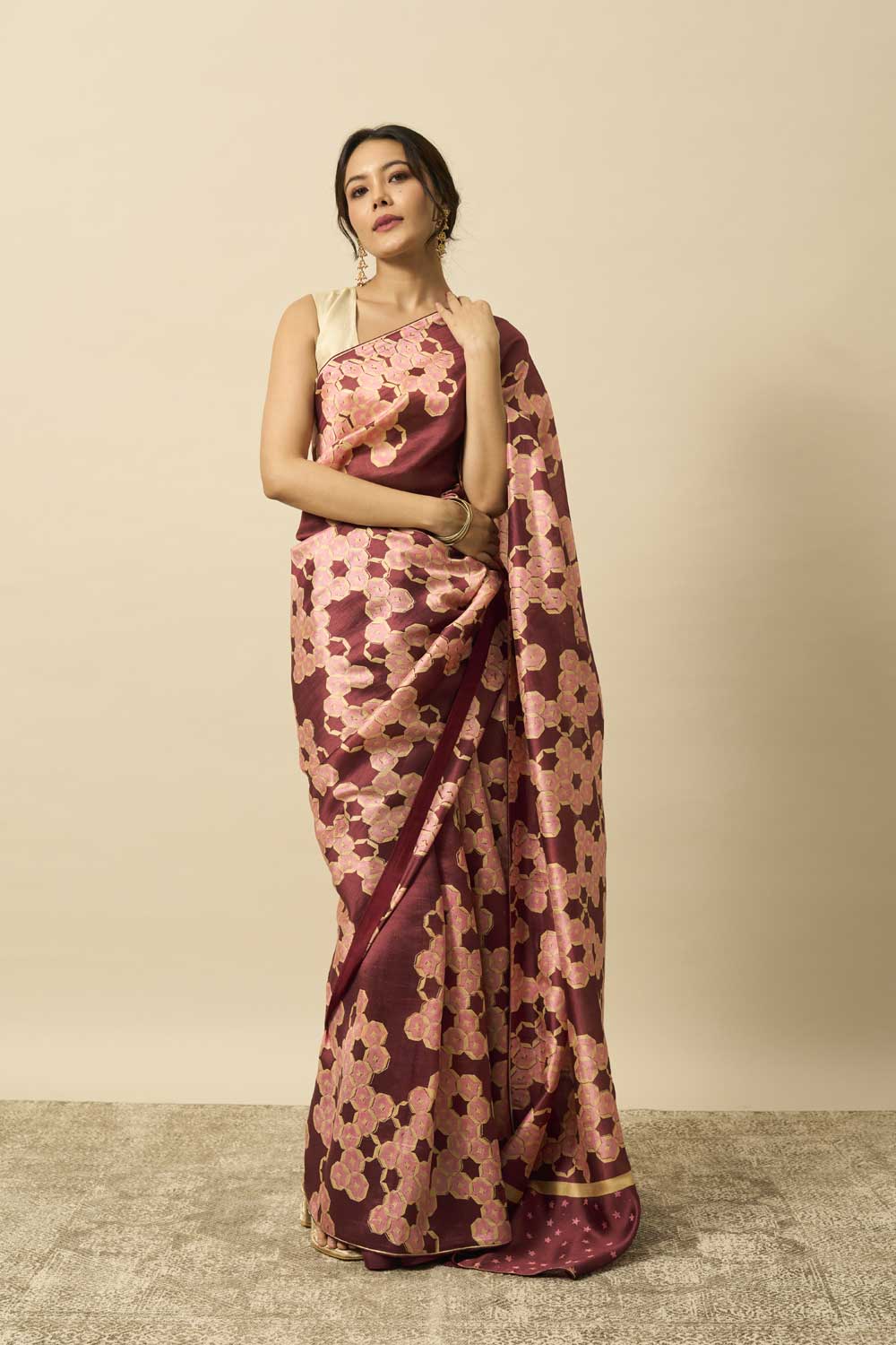 MADHAVI BROWN GREEN ROSE MUSHROO SILK HAND BLOCKPRINTED SAREE