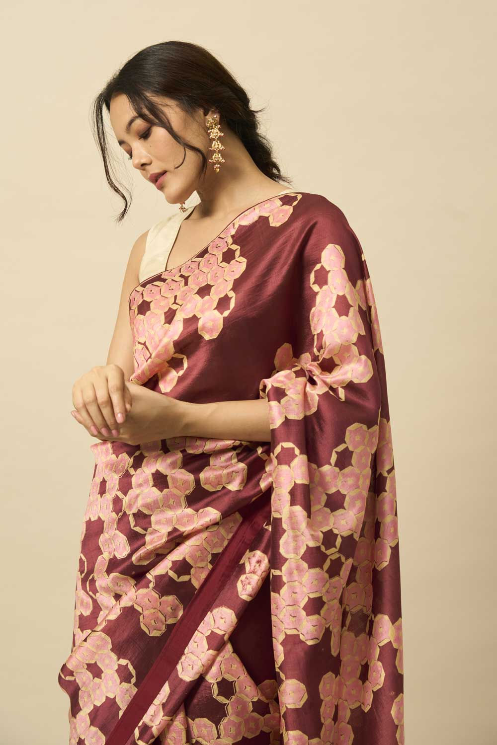 MADHAVI BROWN GREEN ROSE MUSHROO SILK HAND BLOCKPRINTED SAREE