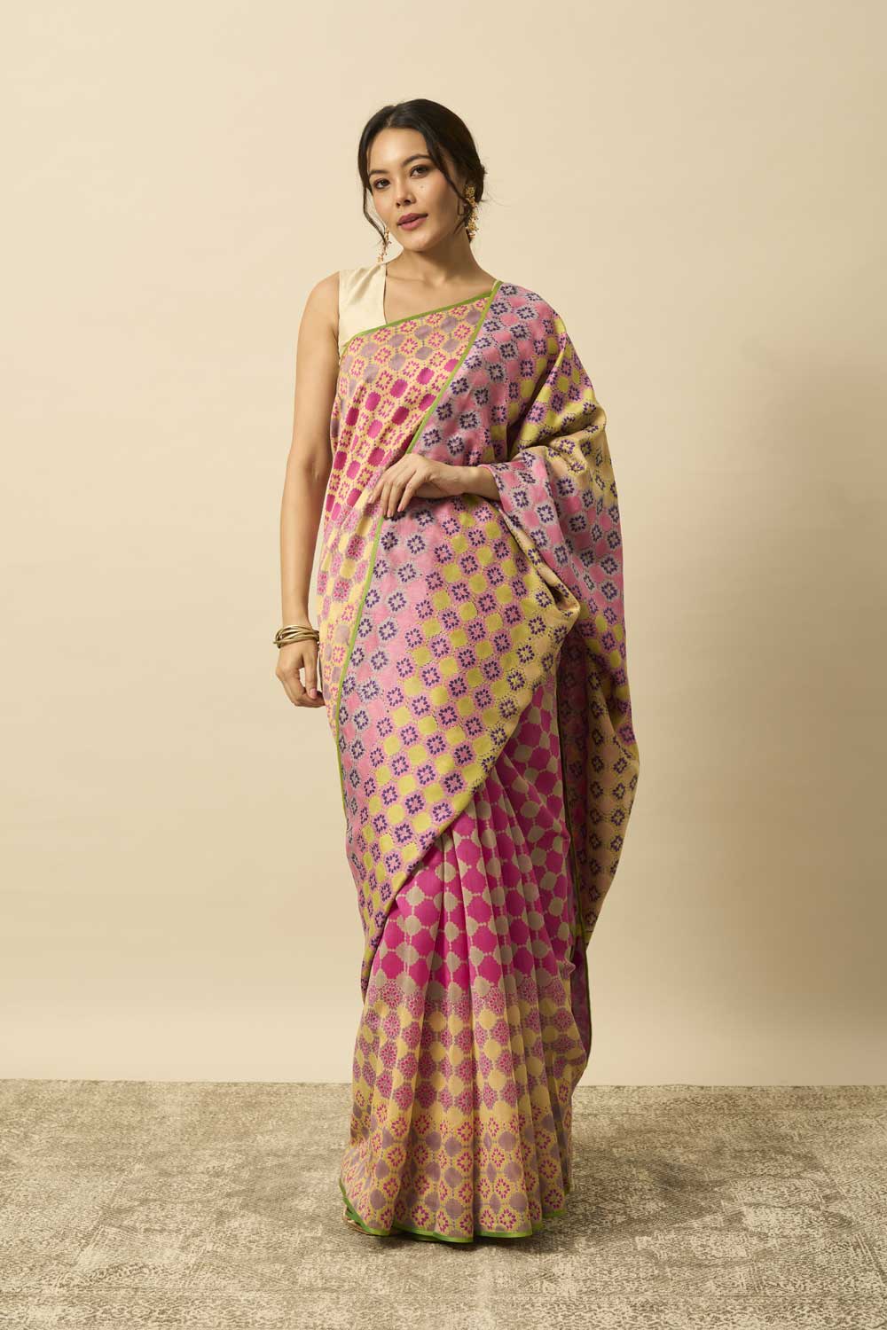 Jhelum Pink Purple Maheshwari Hand Blockprinted Flip Pallu saree