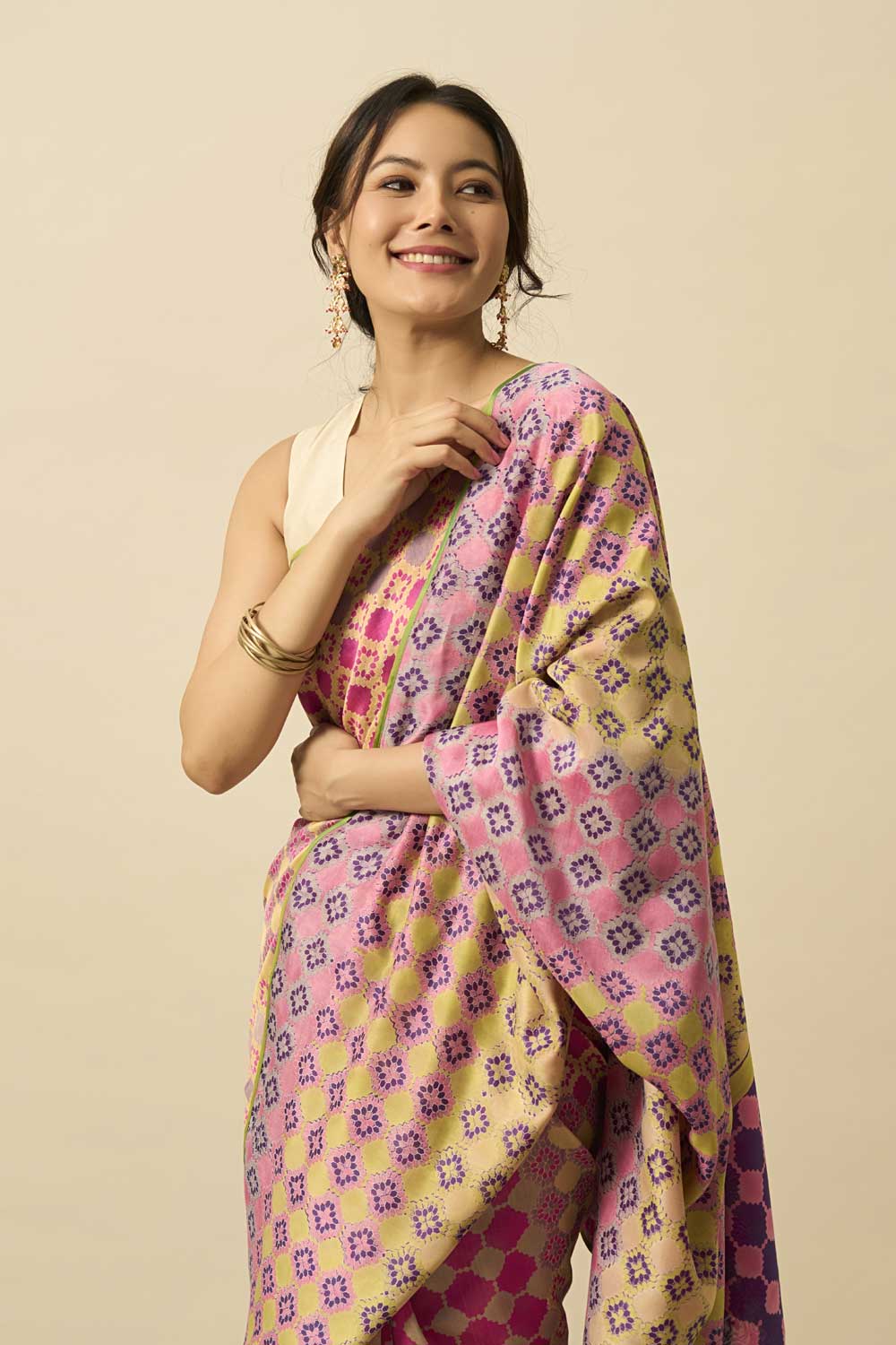 Jhelum Pink Purple Maheshwari Hand Blockprinted Flip Pallu saree