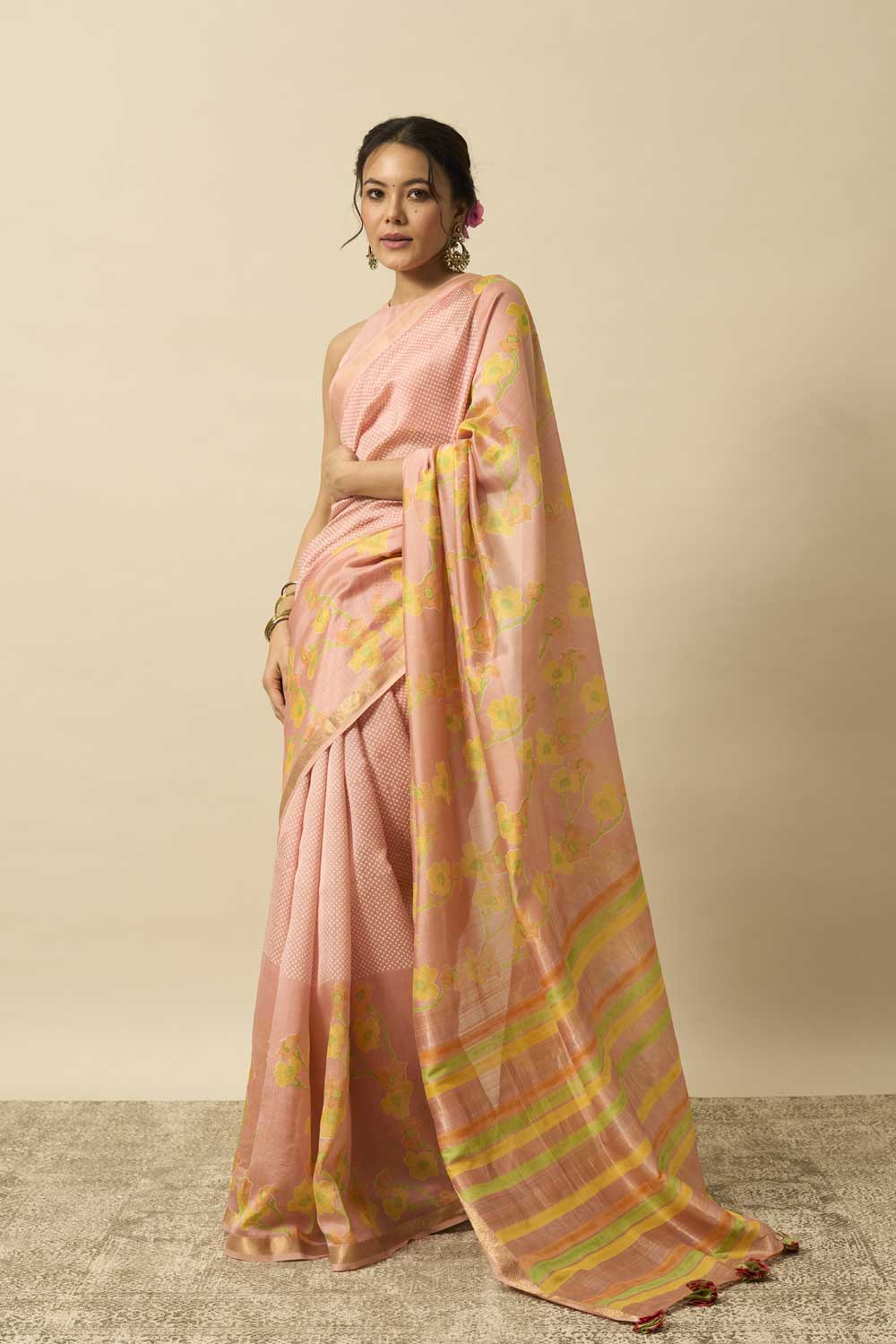 Bhagirathi Peach Handloom Maheshwari Silk Hand Block Printed Saree