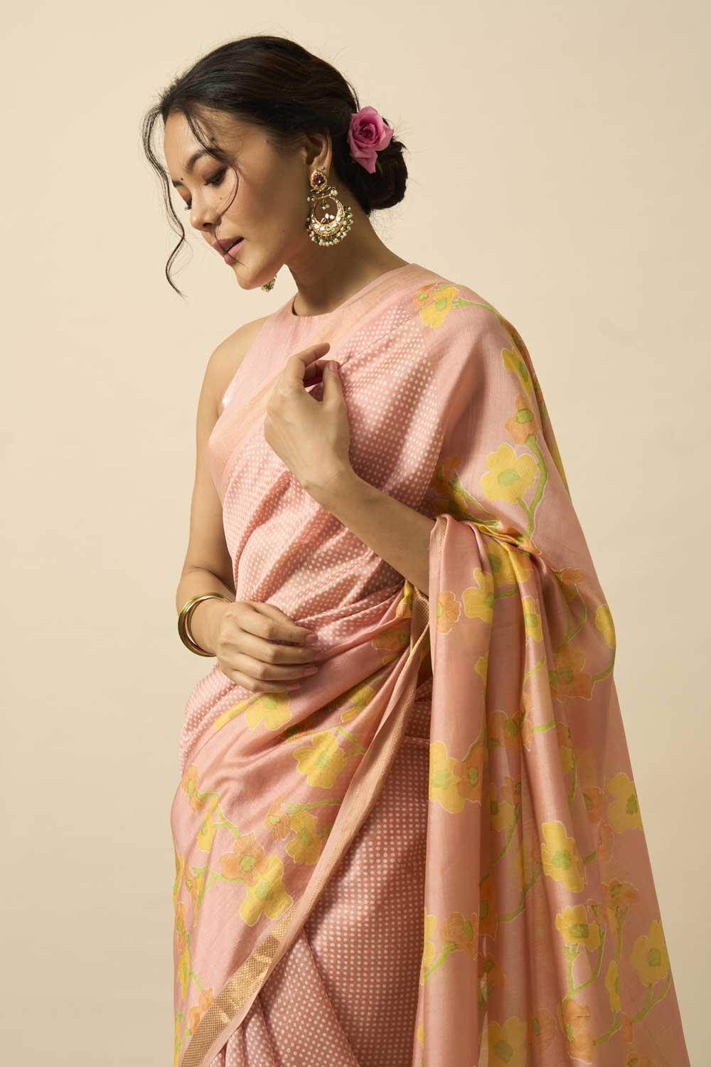 Bhagirathi Peach Handloom Maheshwari Silk Hand Block Printed Saree
