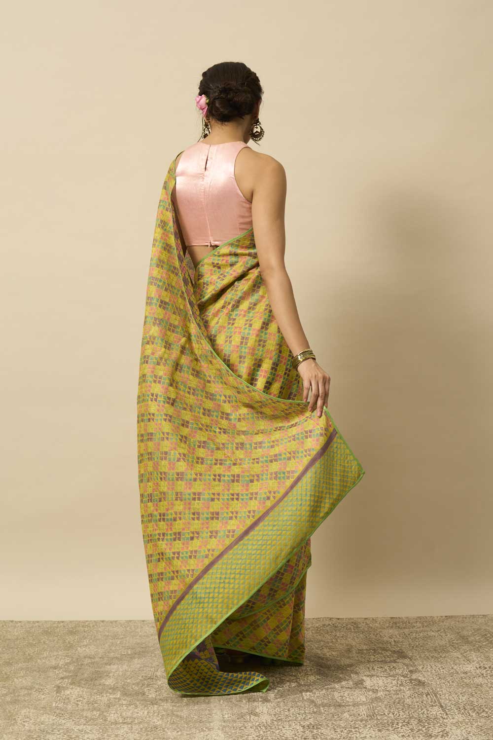 Pancham Yellow Blue Handloom Maheshwari Hand Blockprinted saree