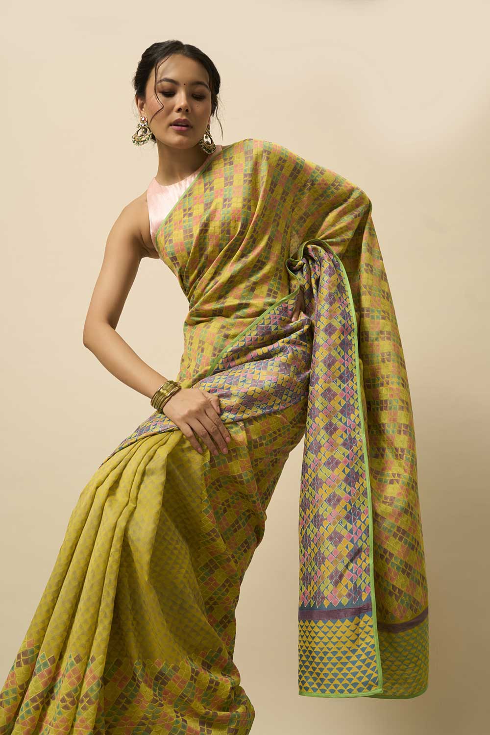 Pancham Yellow Blue Handloom Maheshwari Hand Blockprinted saree