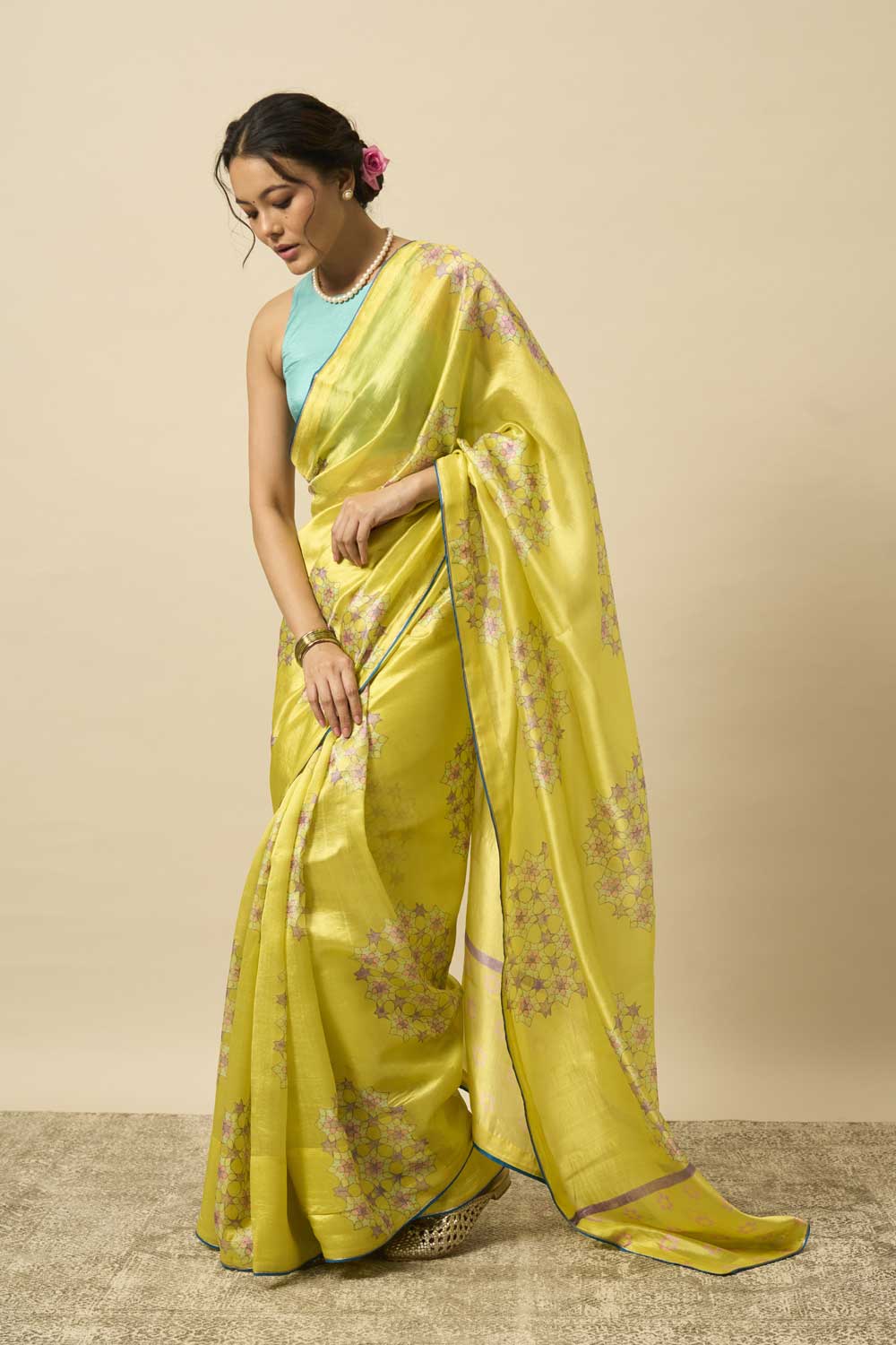 SMRITI YELLOW GREEN ROSE MUSHROO SILK HAND BLOCKPRINTED SAREE