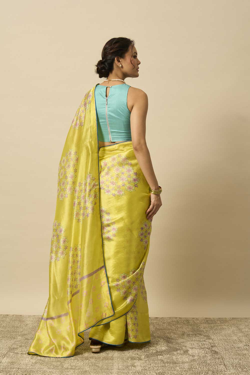 SMRITI YELLOW GREEN ROSE MUSHROO SILK HAND BLOCKPRINTED SAREE