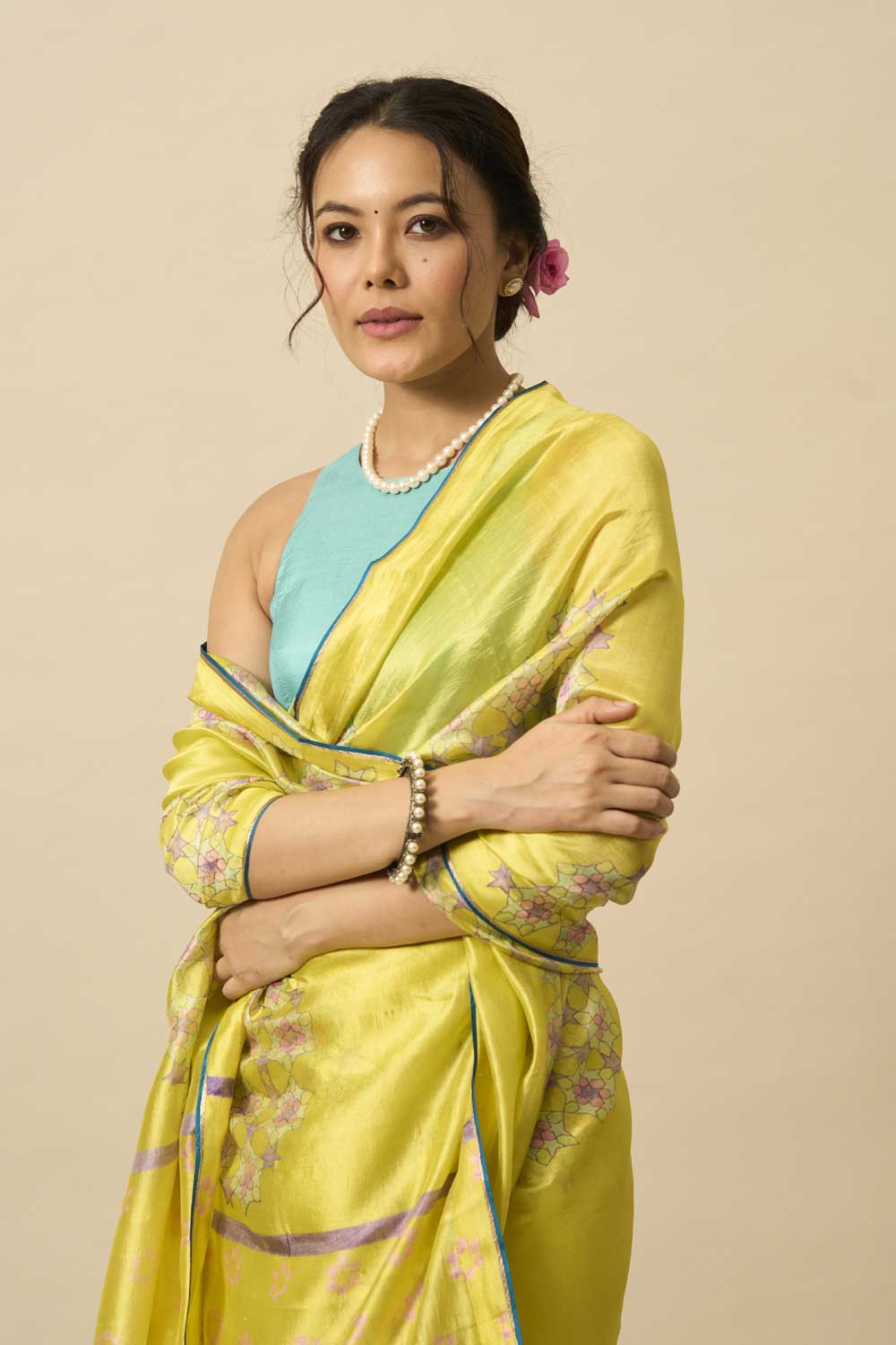 SMRITI YELLOW GREEN ROSE MUSHROO SILK HAND BLOCKPRINTED SAREE