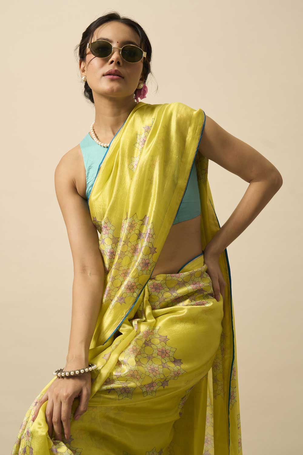 SMRITI YELLOW GREEN ROSE MUSHROO SILK HAND BLOCKPRINTED SAREE
