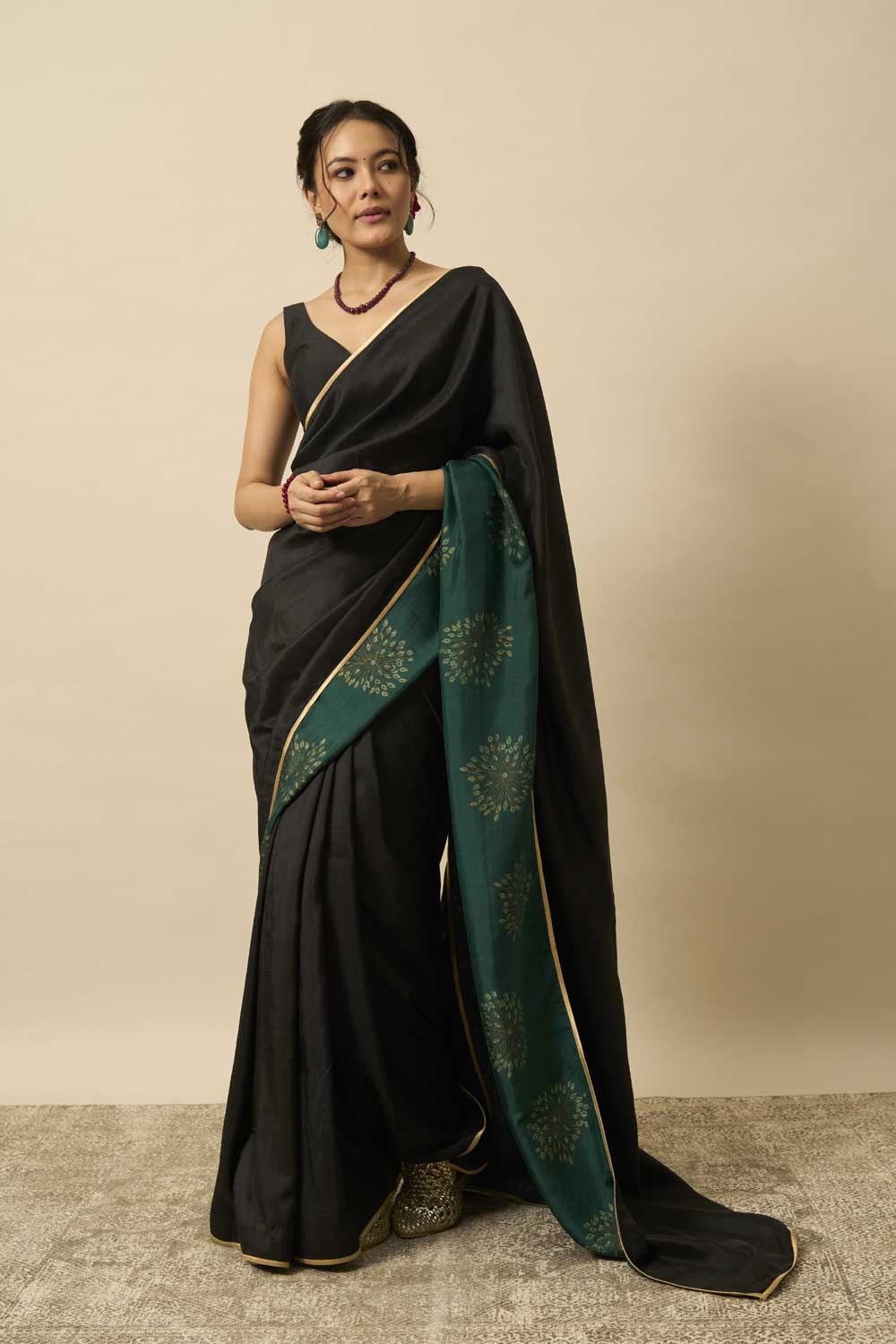 Charumati Black Green Mulberry Silk Flip Pallu Saree