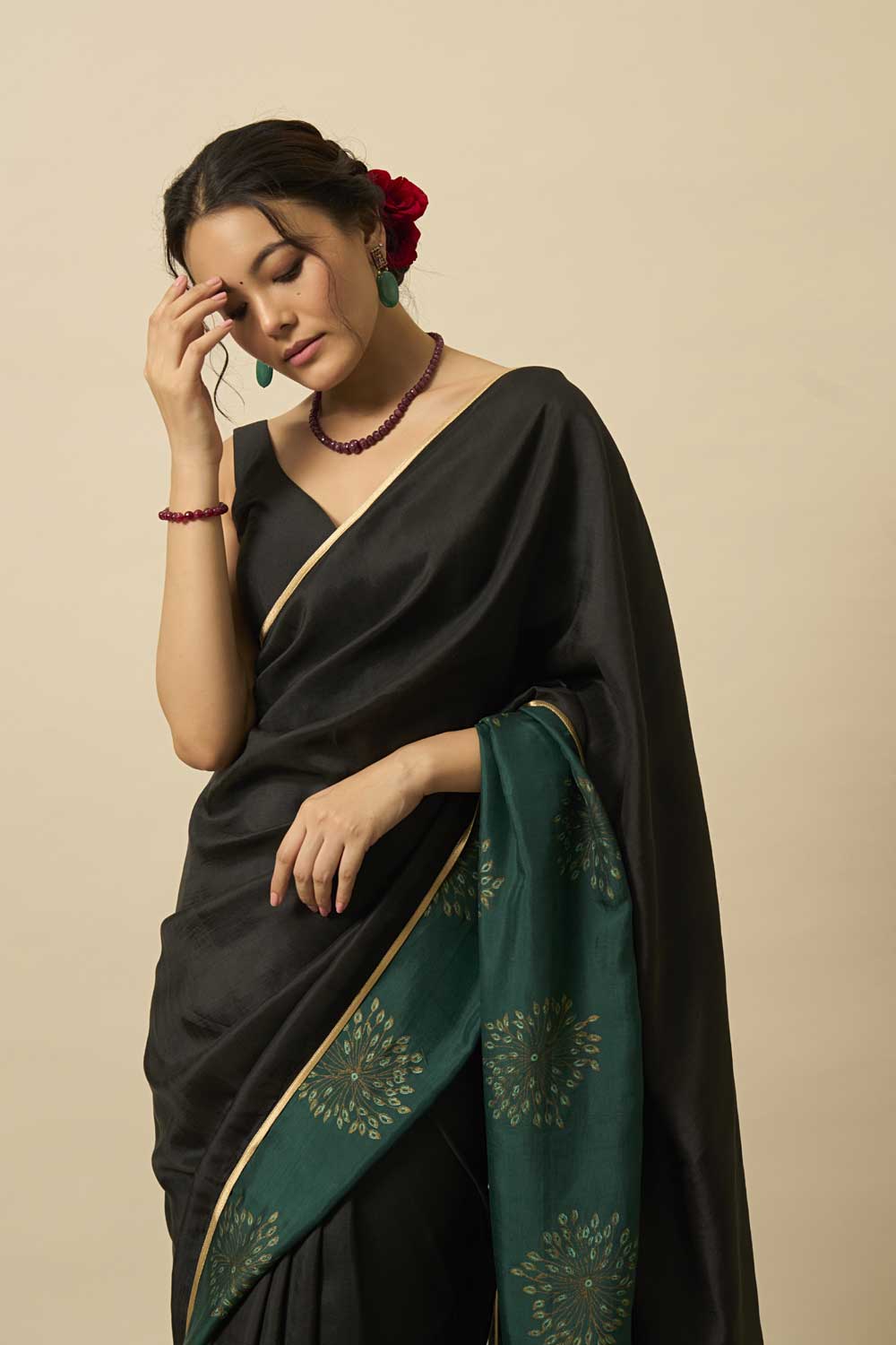 Charumati Black Green Mulberry Silk Flip Pallu Saree
