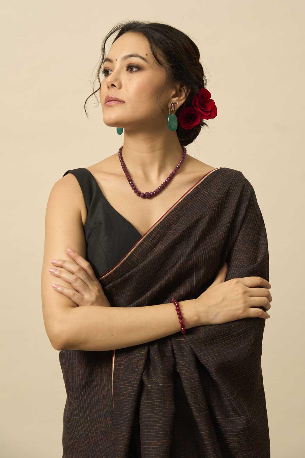 Neem Black Kanchi Silk Hand Blockprinted Saree