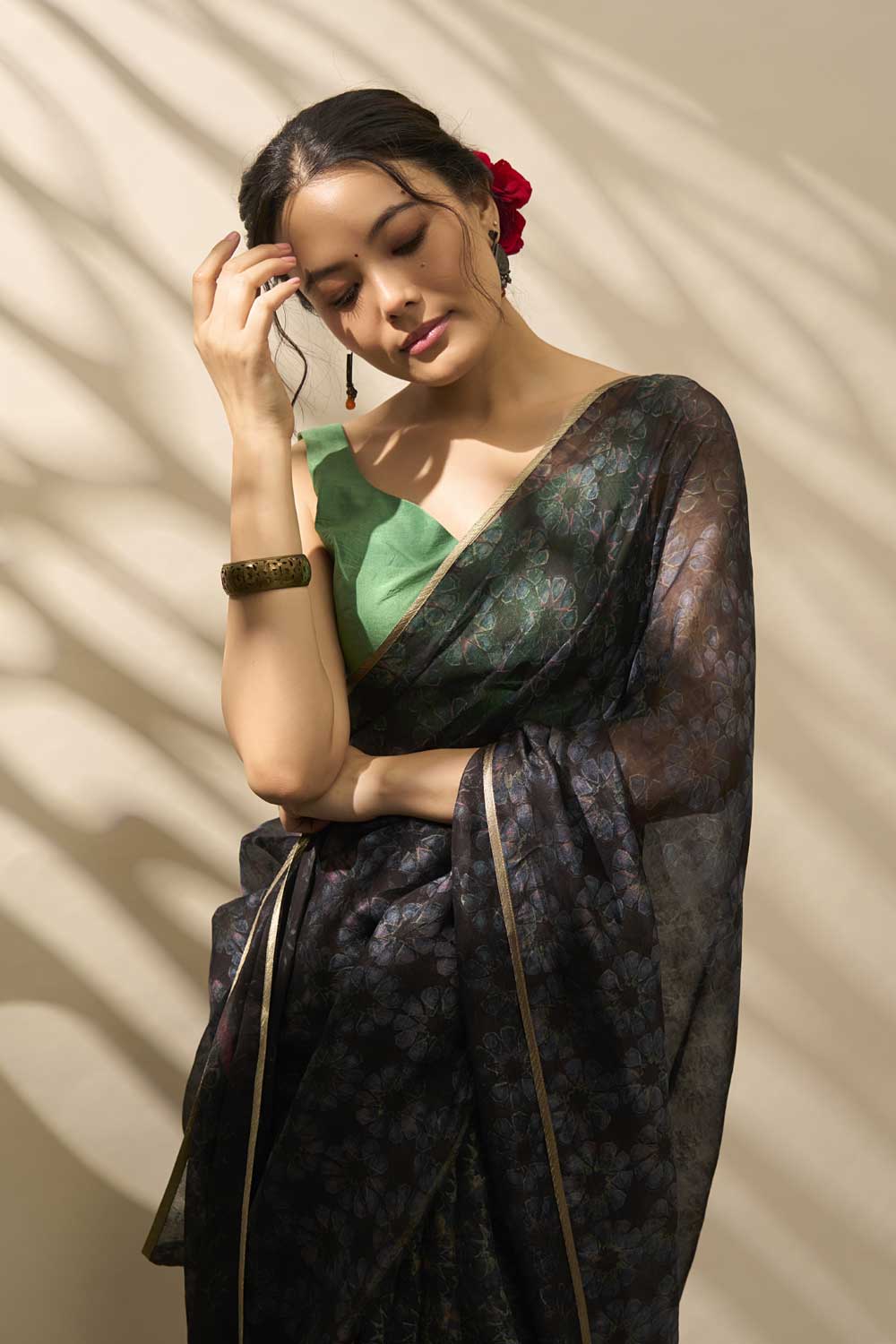ANTARA BLACK KATAAN SILK HAND BLOCKPRINTED SAREE