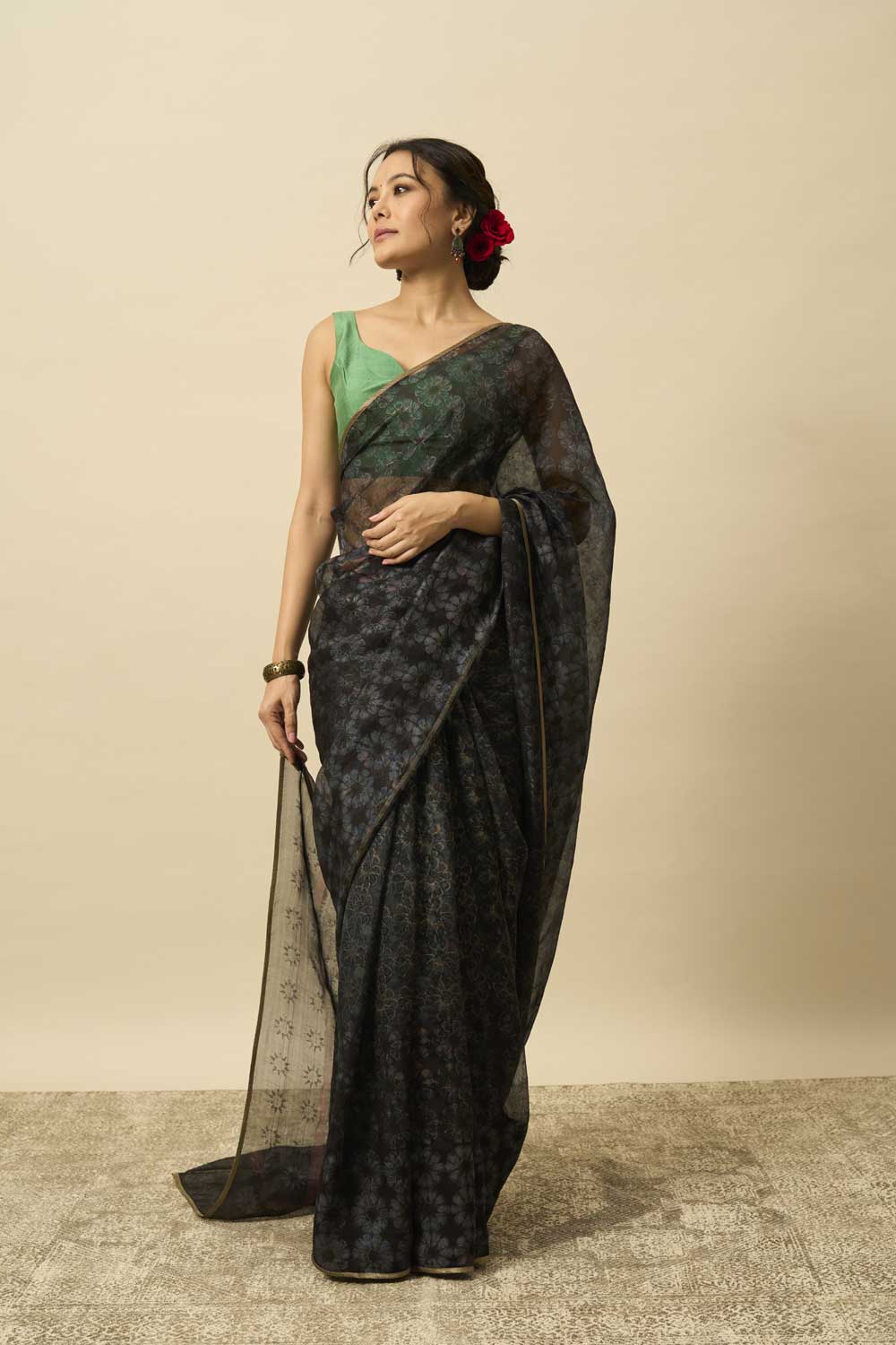 ANTARA BLACK KATAAN SILK HAND BLOCKPRINTED SAREE