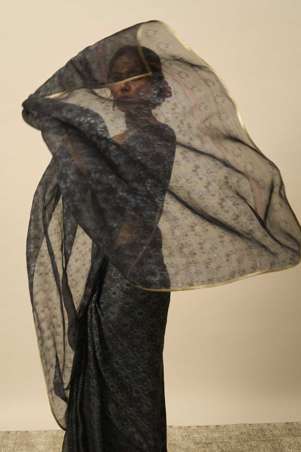ANTARA BLACK KATAAN SILK HAND BLOCKPRINTED SAREE