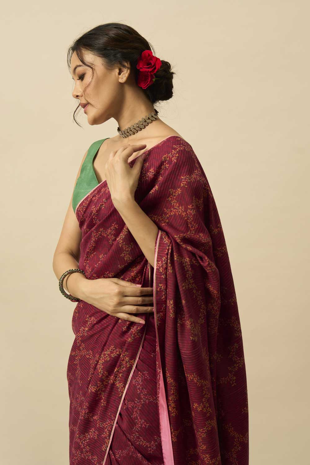 Mogra Wine Kanchi Silk Hand Blockprinted Saree