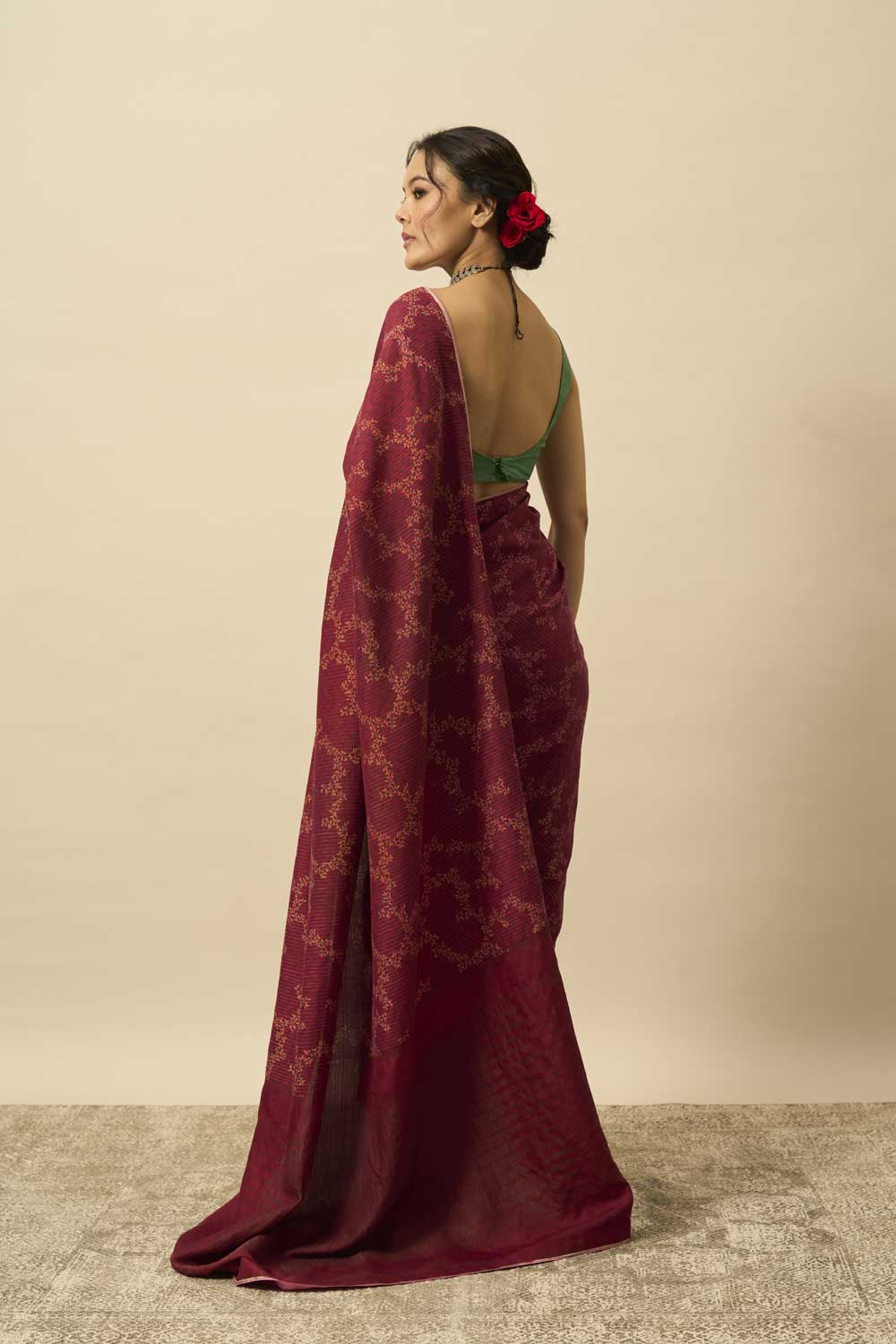 Mogra Wine Kanchi Silk Hand Blockprinted Saree