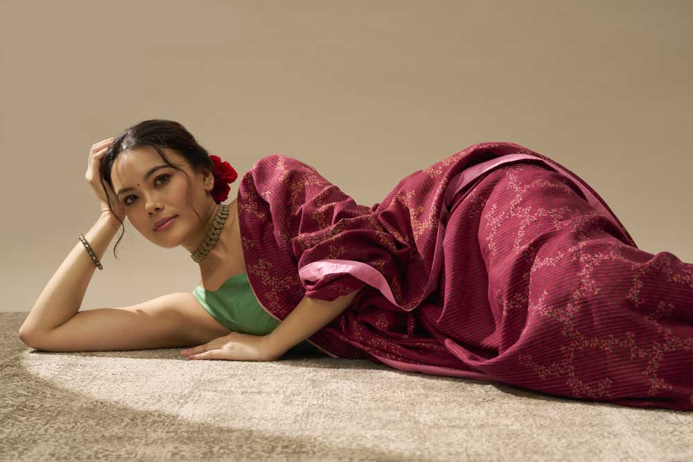 Mogra Wine Kanchi Silk Hand Blockprinted Saree