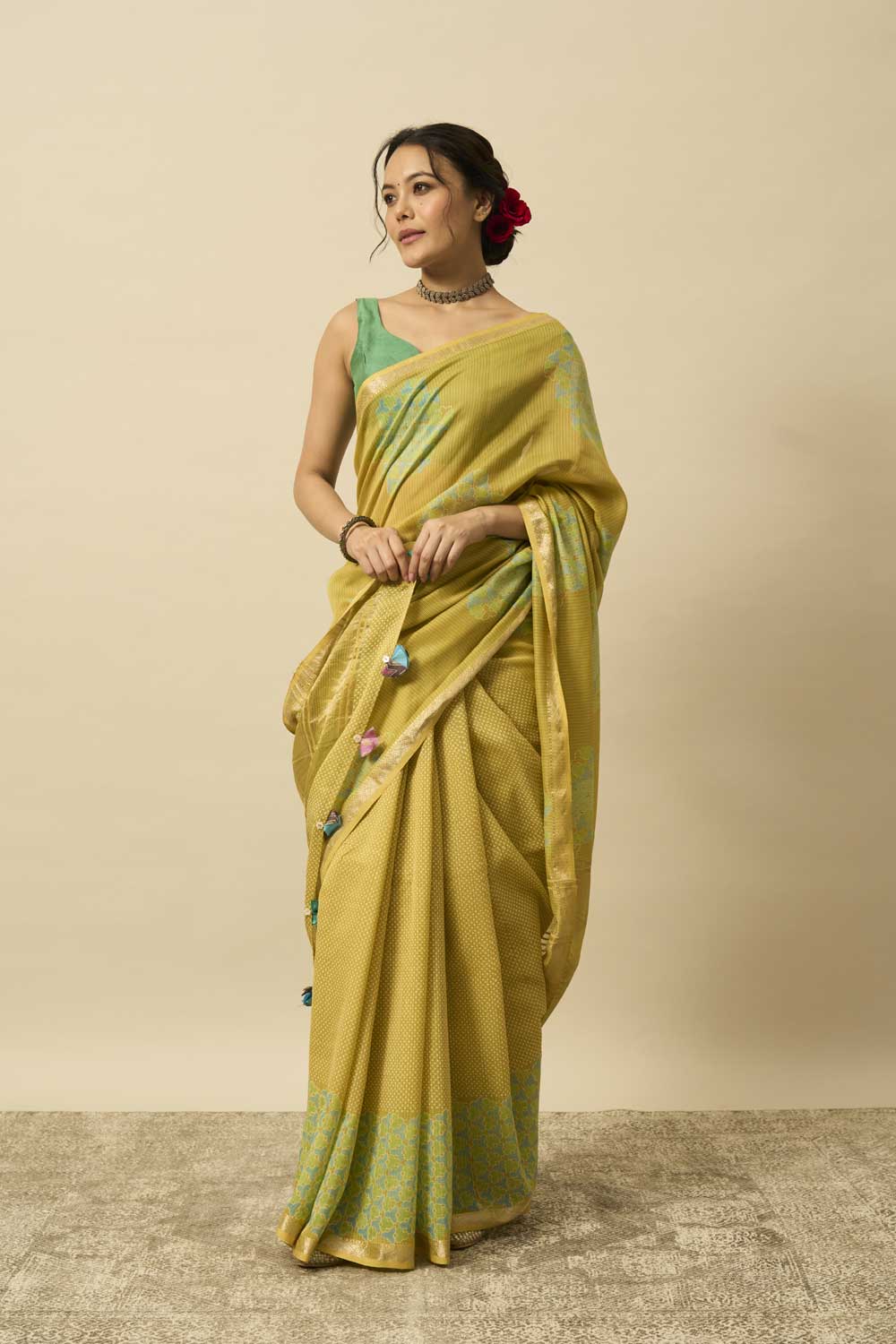 Betwa yellow Maheshwari Silk Hand Block Printed Saree