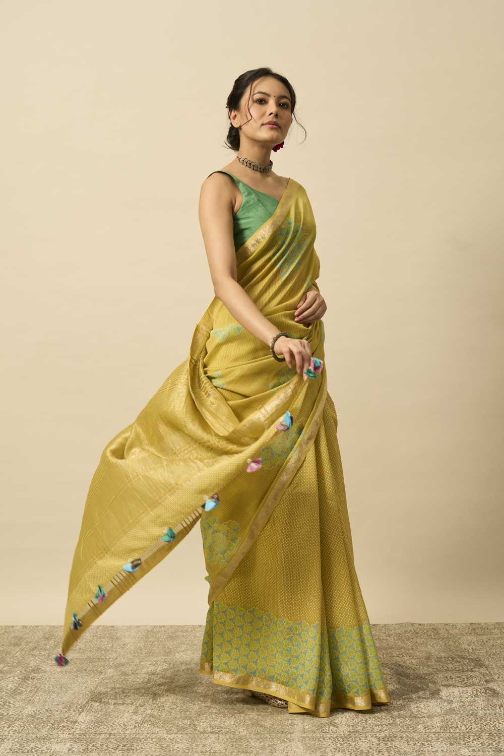 Betwa yellow Maheshwari Silk Hand Block Printed Saree