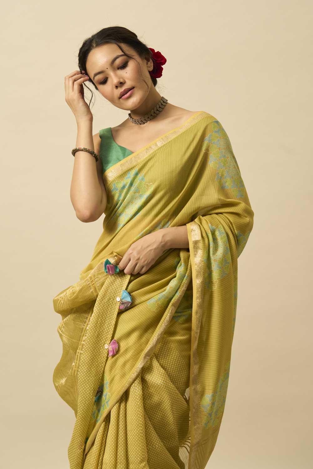 Betwa yellow Maheshwari Silk Hand Block Printed Saree