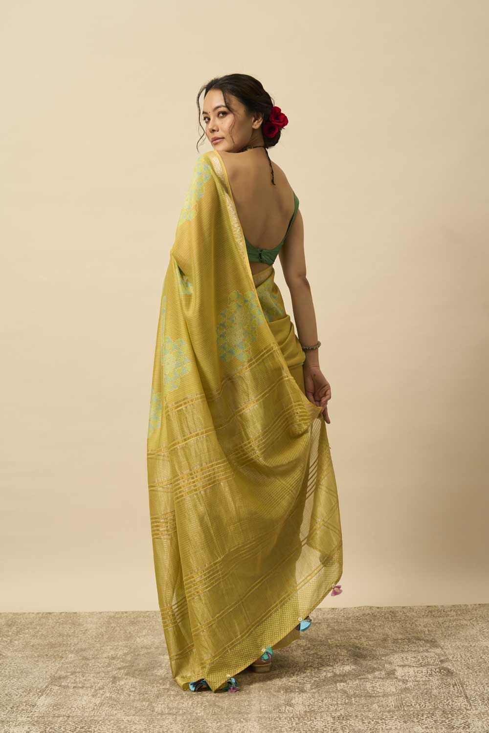 Betwa yellow Maheshwari Silk Hand Block Printed Saree