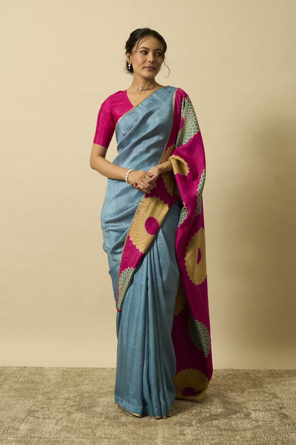 Devyani Blue Pink Mulberry Silk Flip Pallu Saree