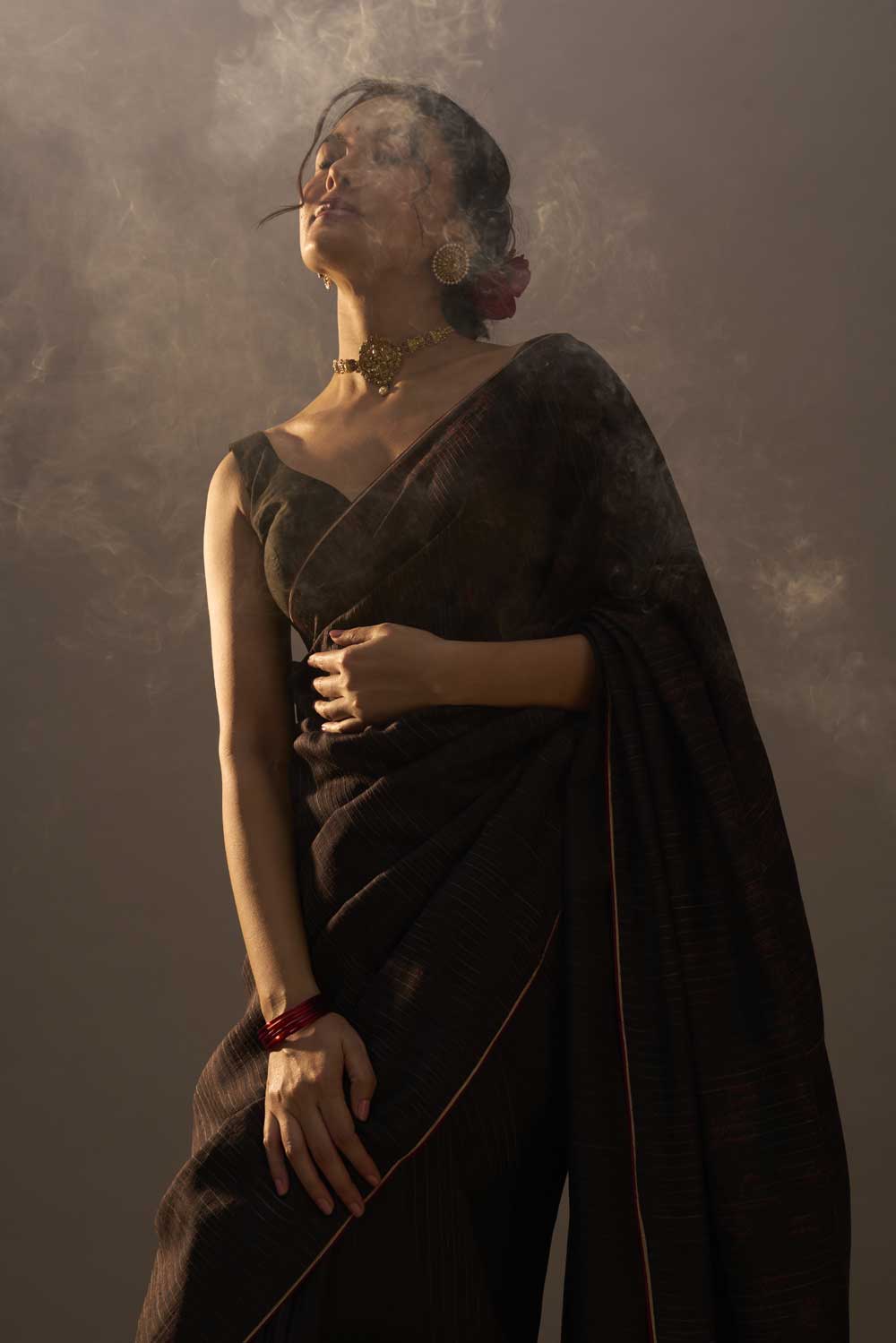 Kadam Black Kanchi Silk Hand Blockprinted Saree