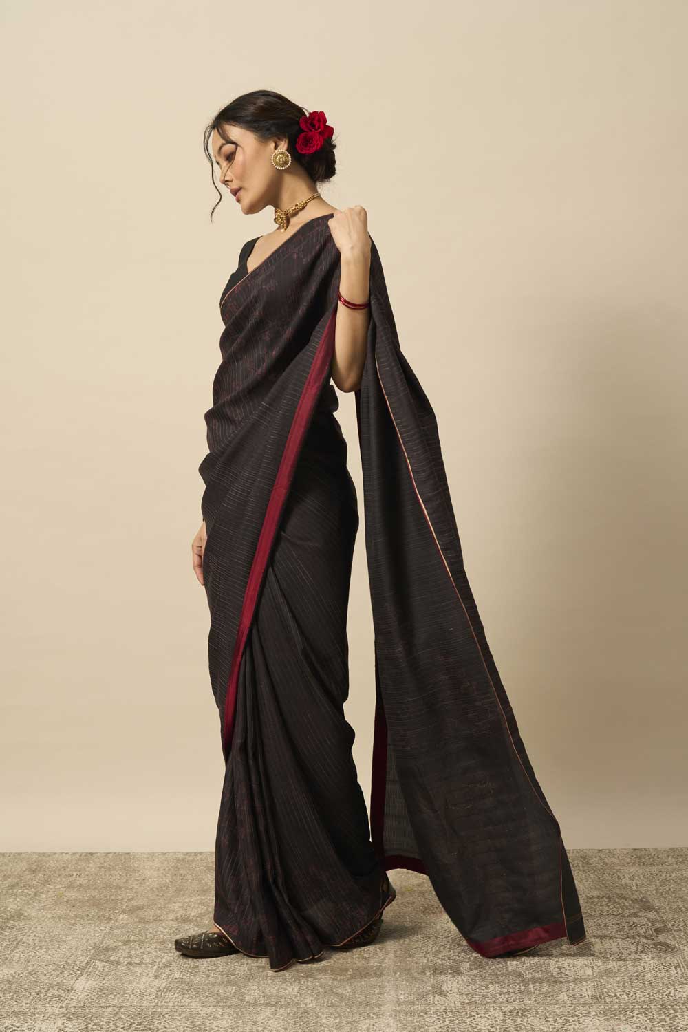 Kadam Black Kanchi Silk Hand Blockprinted Saree