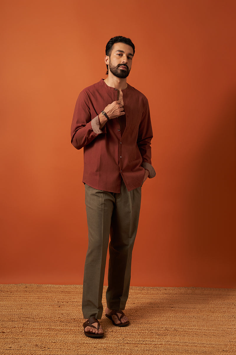 Sutra Brick Red Handspun Handwowen Cotton Shirt