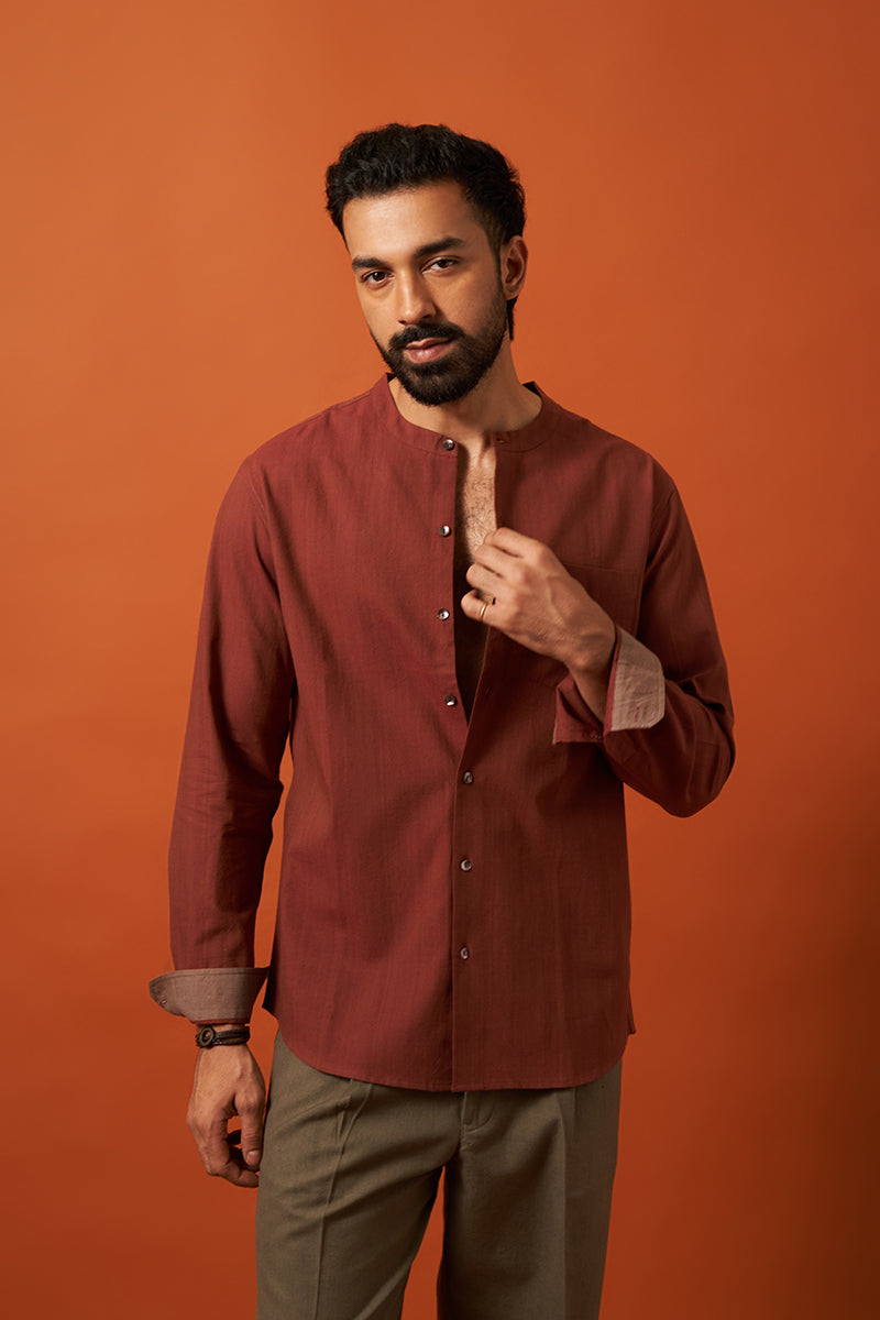 Sutra Brick Red Handspun Handwowen Cotton Shirt