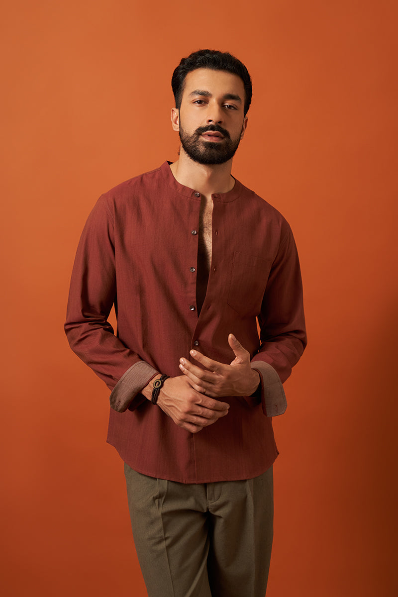 Sutra Brick Red Handspun Handwowen Cotton Shirt