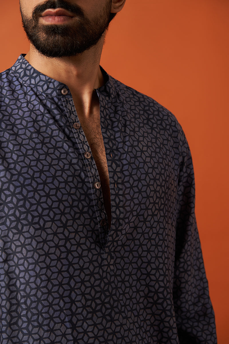 Blue Diamond Cotton Silk Hand Blockprinted Kurta