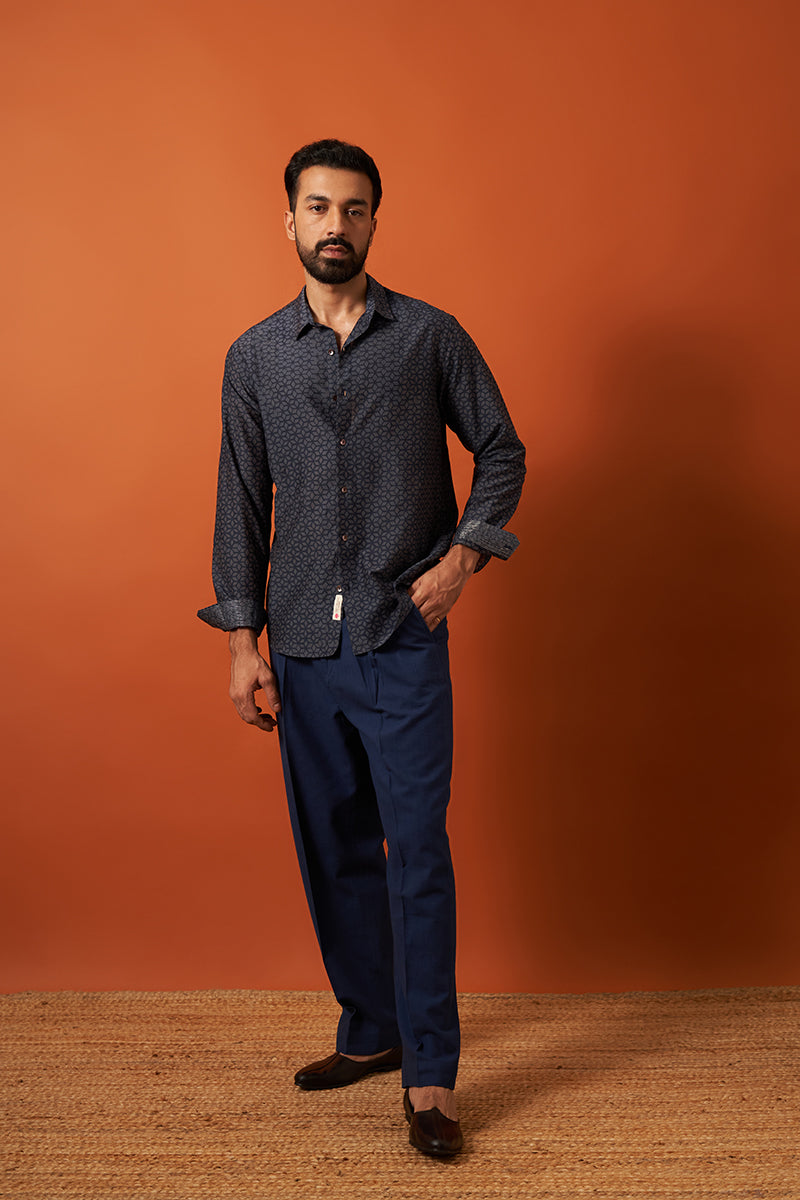 Blue Diamond Cotton Silk Hand Blockprinted Shirt