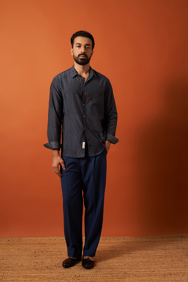 Blue Diamond Cotton Silk Hand Blockprinted Shirt