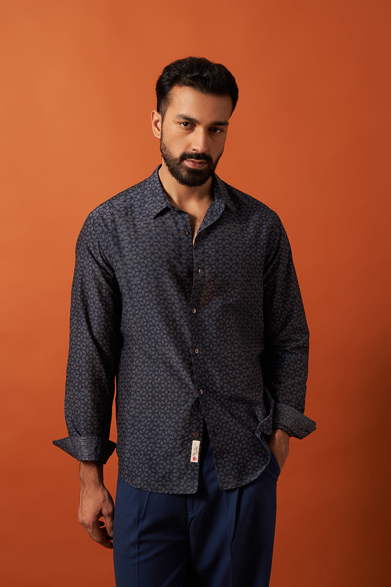 Blue Diamond Cotton Silk Hand Blockprinted Shirt