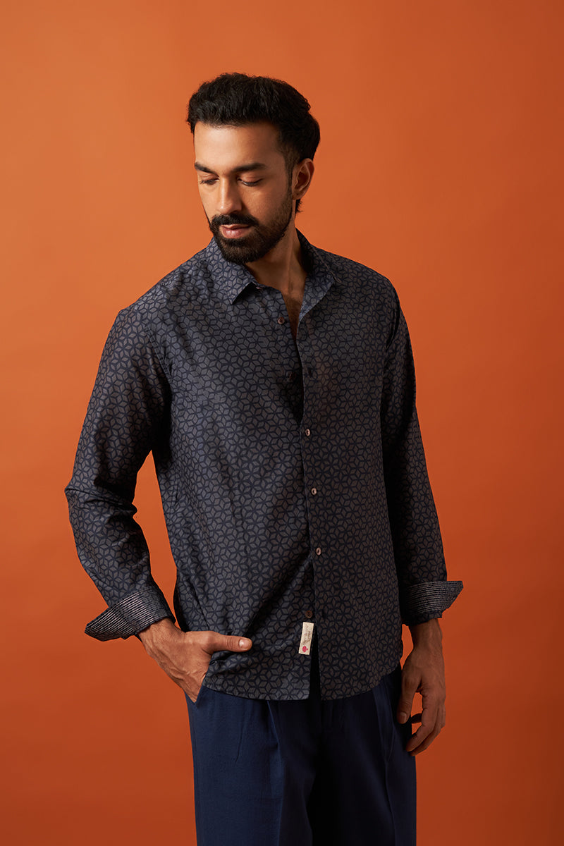 Blue Diamond Cotton Silk Hand Blockprinted Shirt