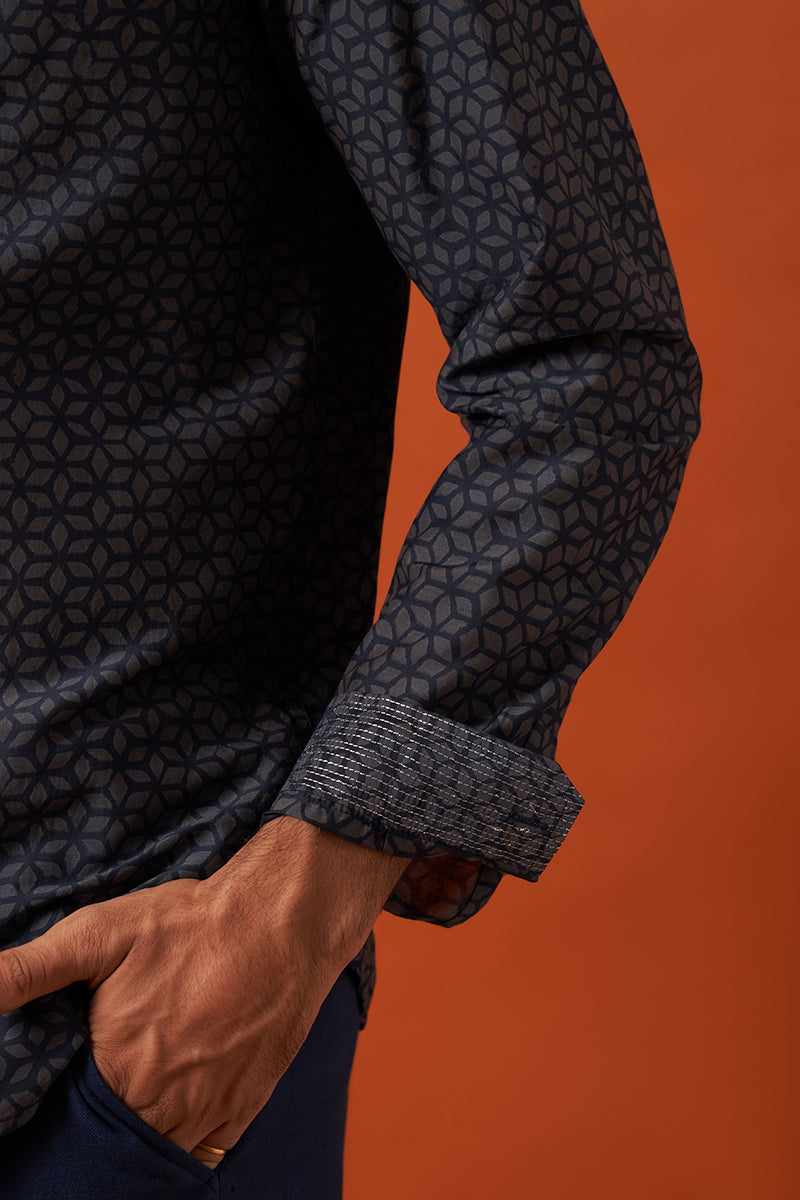 Blue Diamond Cotton Silk Hand Blockprinted Shirt