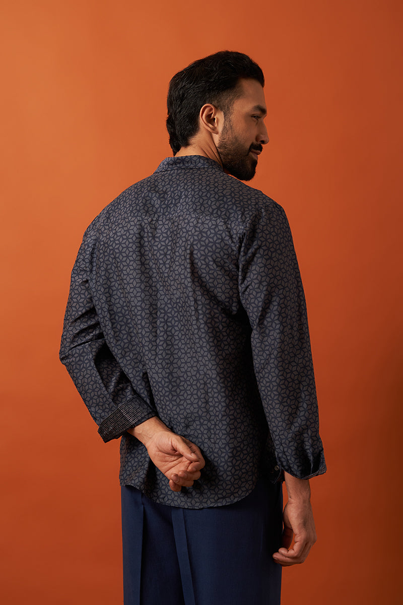 Blue Diamond Cotton Silk Hand Blockprinted Shirt