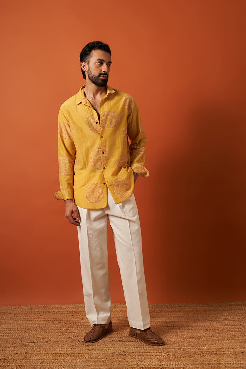 Yellow Rose Cotton Silk Hand Blockprinted Shirt