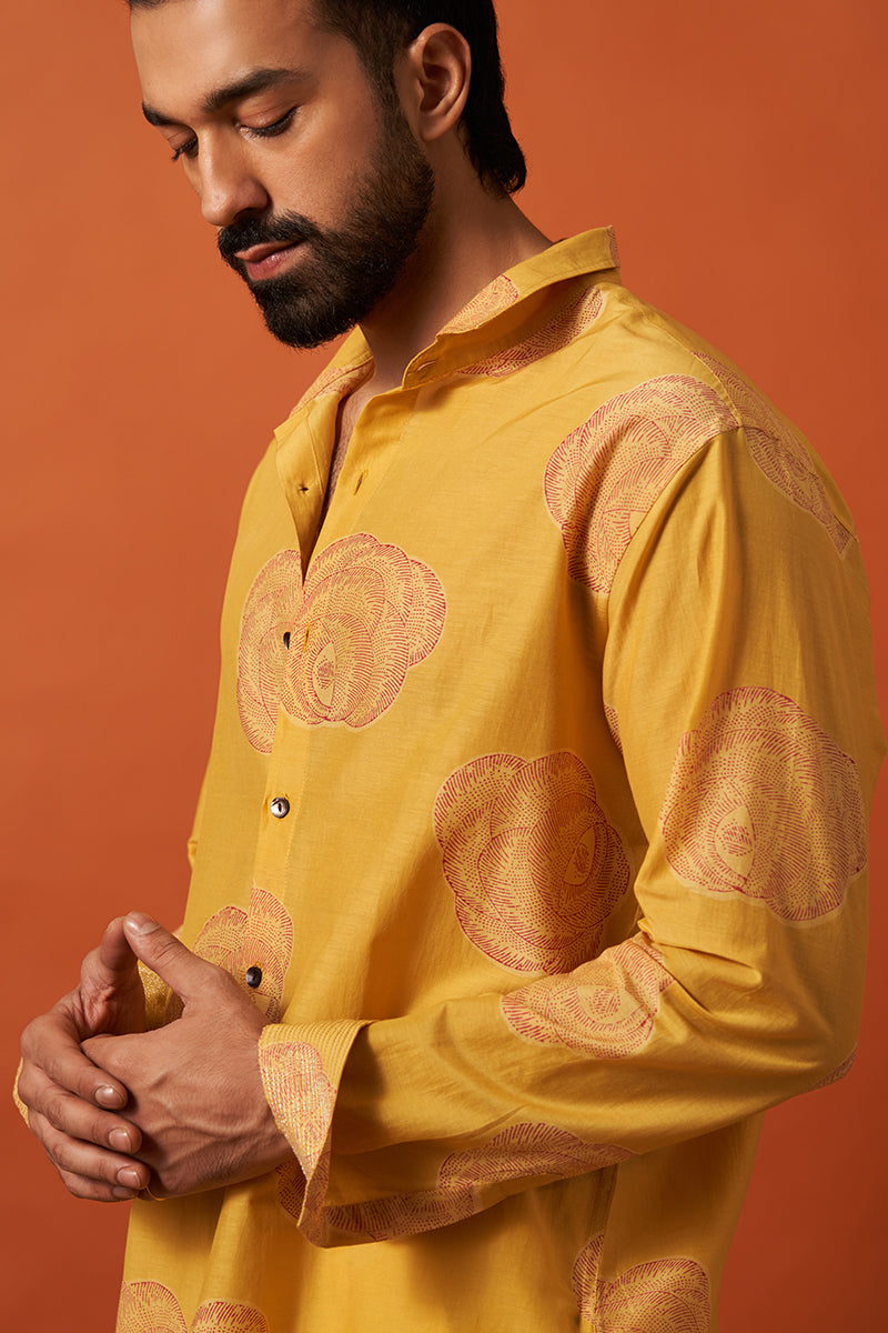Yellow Rose Cotton Silk Hand Blockprinted Shirt