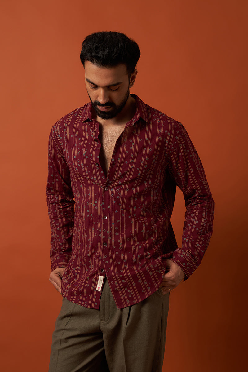 Wine Stripe Flower Voile Hand Blockprinted Shirt
