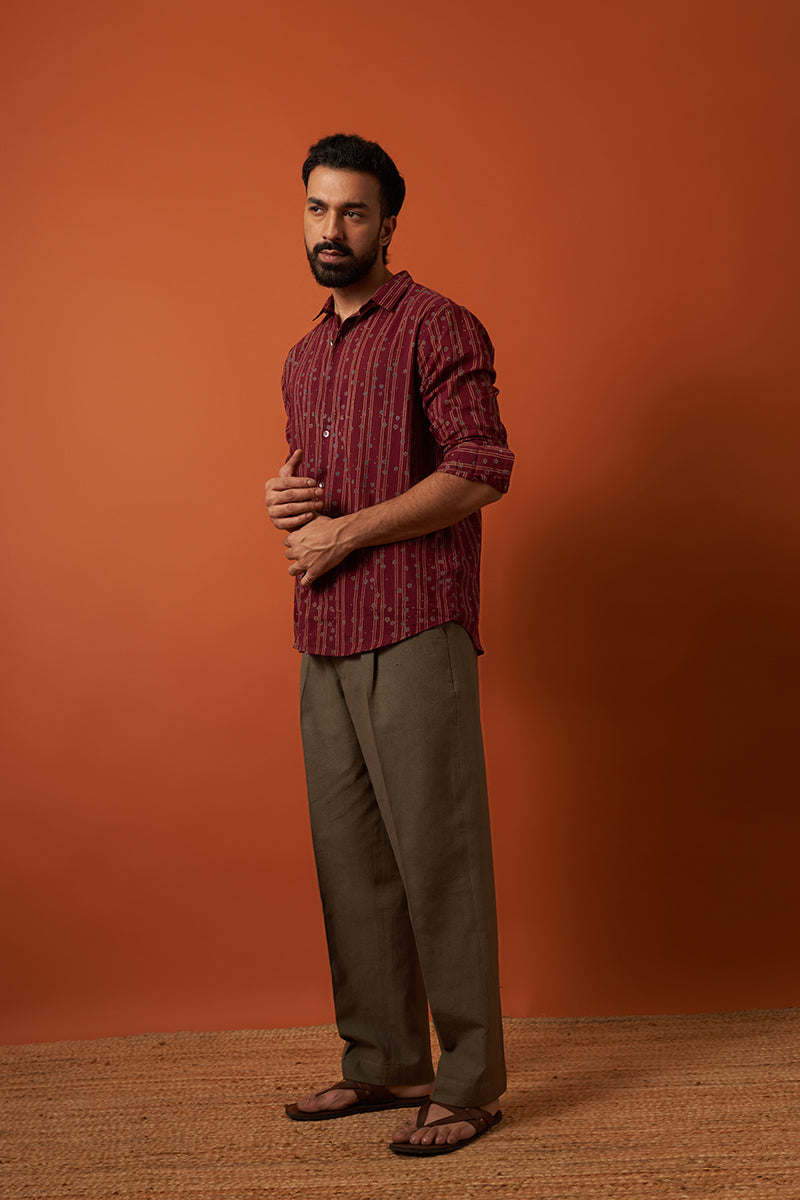 Wine Stripe Flower Voile Hand Blockprinted Shirt